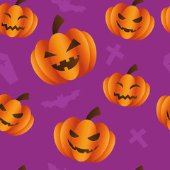 Halloween seamless pattern with pumpkins and bat and crosses. Pumpkin with faces on an orange background.