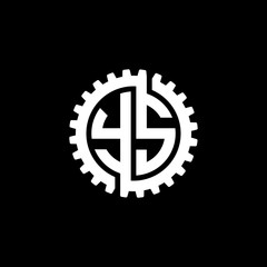 Initial letter Y and S, YS, interlock cogwheel gear monogram logo, white color on black background