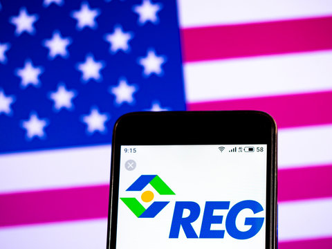 Kiev, Ukraine, July 10, 2019. In this photo illustration the Renewable Energy Group, Inc logo is seen displayed on a smartphone.