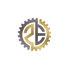 Initial letter Z and E, ZE, interlock cogwheel gear logo, black gold on white background