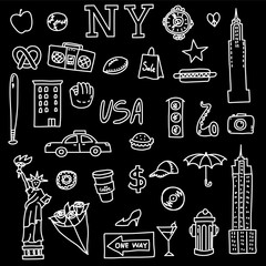 New York doodle set on chalkboard. Hand drawn elements. American travel symbols.