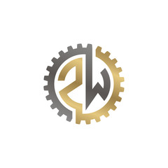 Initial letter Z and W, ZW, interlock cogwheel gear logo, black gold on white background