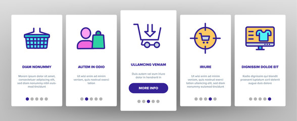Buyer Onboarding Mobile App Page Screen Vector Thin Line. Internet Supermarket On Smartphone And Computer Laptop Monitor And Buyer Shopping Basket Linear Pictograms. Illustrations
