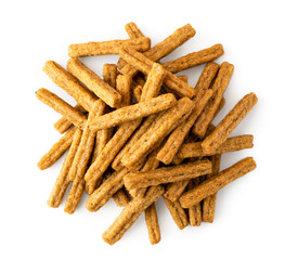 Pile of crackers snack for beer on a white background. The view of the top.