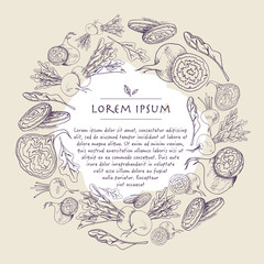 Vector wreath with beet root vegetable hand drawn circle ivory background with food
