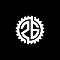 Initial letter Z and G, ZG, interlock cogwheel gear monogram logo, white color on black background