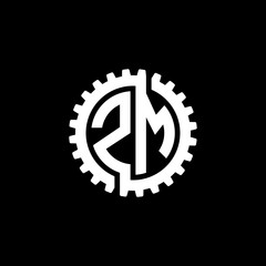 Initial letter Z and M, ZM, interlock cogwheel gear monogram logo, white color on black background
