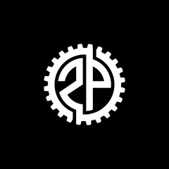 Initial letter Z and P, ZP, interlock cogwheel gear monogram logo, white color on black background