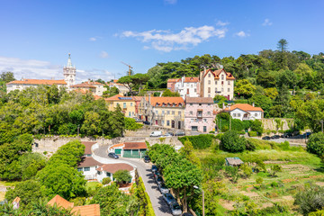 Sintra city center with town hall tower on the left, Portugal