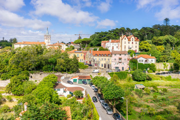 Sintra city center with town hall tower on the left, Portugal