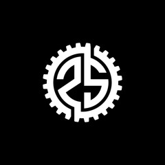 Initial letter Z and S, ZS, interlock cogwheel gear monogram logo, white color on black background