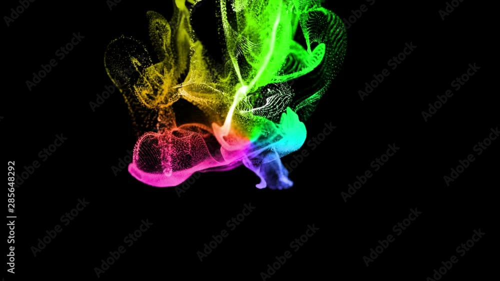 Poster 3d ink effect of advection, luminous multicolor particles float in liquid. glow particles move in a 