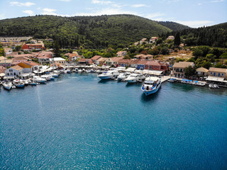 Fototapeta na wymiar Aerial view of sailboats in the marina in Lefkada, popular tourist resort in a Greece