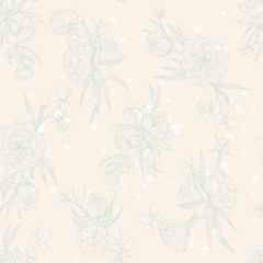 Fototapeta na wymiar Floral Seamless pattern with peony flowers on a ivory background with white splashes