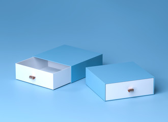 Box mockup. Elegant blue branding mockup with two blank boxes. Luxury packaging box for premium products. Empty opened square box. 3d rendering