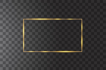 Vector golden frame with lights effects. Shining rectangle banner. Isolated on black transparent background. Vector illustration