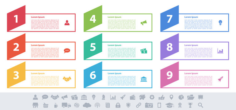 Infographic design business concept vector illustration with 9 steps or options or processes represent work flow or diagram or web button banner