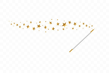 Magic wand with a stars on transparent background. Trace of gold dust. Magic abstract background isolated. Miracle and magic. Vector illustration flat design