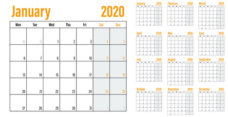 Calendar planner 2020 template vector illustration all 12 months week starts on Monday and indicate weekends on Saturday and Sunday