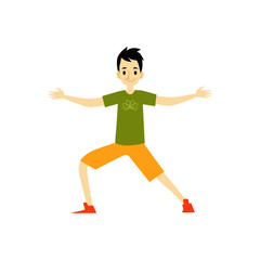 Fototapeta na wymiar Young man character doing yoga exercise cartoon flat vector illustration isolated.