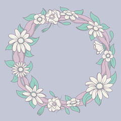 Wreath with flowers in sketch style. Flowers with ribbon. Beautiful flowers decoration.