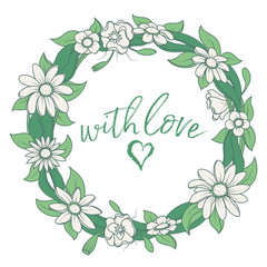 Wreath with flowers in sketch style. Wreath with text With Love. Flowers with ribbon. Beautiful flowers decoration.
