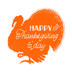 Happy Thankgiving day. American holiday with traditional turkey dish silhouette and text isolated on white