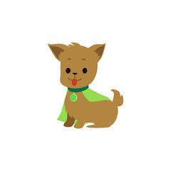 Cute and funny puppy and dog superhero in a green cape.