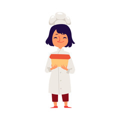 Child girl cooks in a chef robe and hat flat cartoon vector illustration isolated.