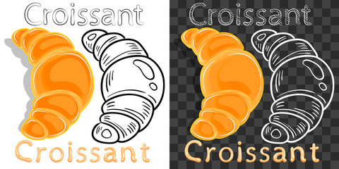 Color croissant, linear art, chalk sketch and text © milapixia