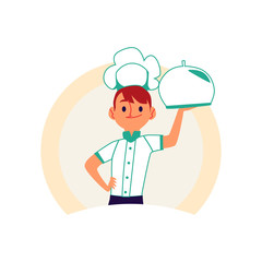 Chef boy holding a food tray with metal cover isolated on white background