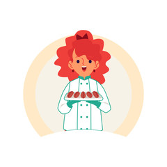 Little Caucasian redheaded girl carries or keeps cakes and pastries on a tray.