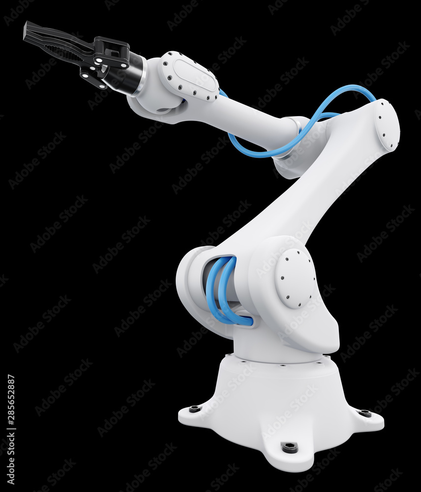 Poster industrial robotic arm. electromechanical robot-manipulator isolated on black background. 3d renderi
