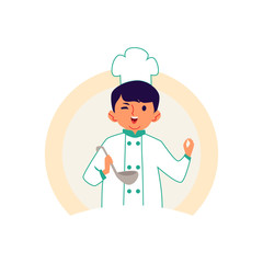 Little boy in a chef robe and hat cooks a meal flat cartoon character vector illustration isolated on white background. Choosing a future profession or cooking master class.