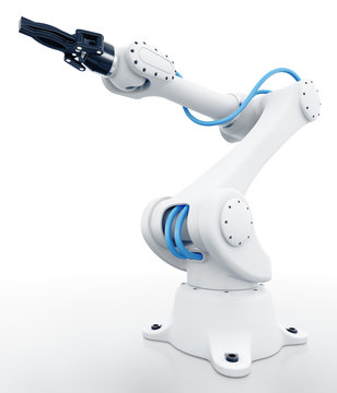 Industrial Robotic Arm. Electromechanical robot-manipulator pictured on reflective white background. 3D rendering graphics.