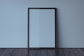 Blank photo frame with blank poster on wooden floor next to light walls, 3d rendering