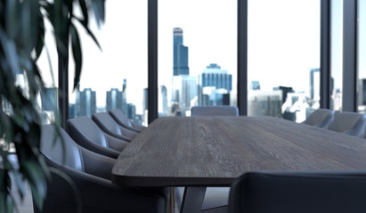 Fototapeta na wymiar Modern conference room interior with big windows, dark armchairs and wooden table. 3d rendering.