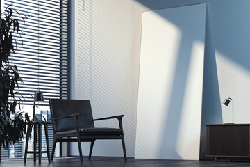 Blank white poster in modern stylish room interior on bright wall near black armchair. 3d rendering.