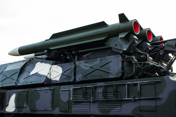 Anti-aircraft missile system. Green army vehicle. Close up view