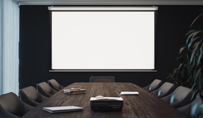 Projector screen canvas in modern conference room. 3d rendering.