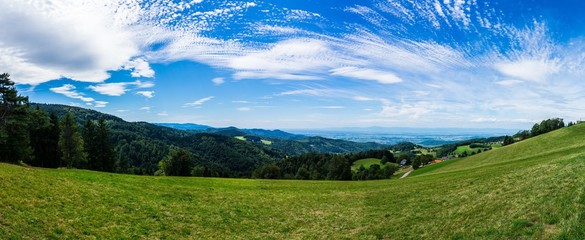 Germany, XXL panorama of german black forest nature landscape perfect for hiking at st ulrich near freiburg im breisgau with endless forest scenery