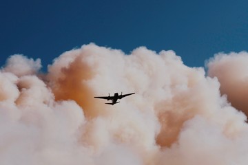 Airplane flying in forest fire smoke