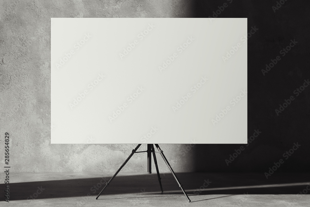 Poster blank easel with white canvas on concrete gray background. 3d rendering.