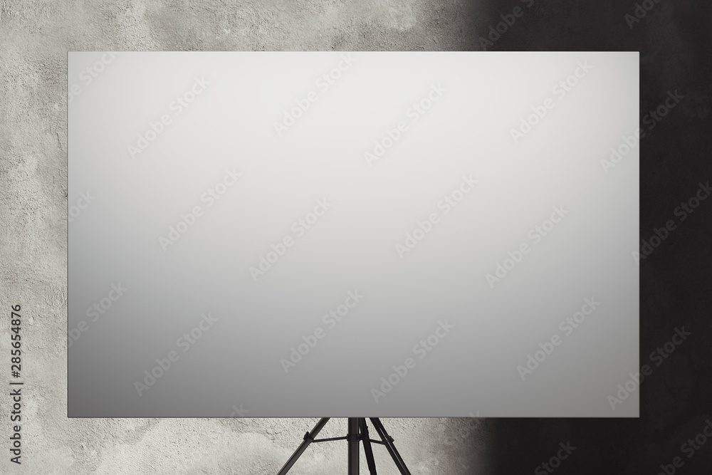 Poster blank easel with white canvas on concrete gray background. 3d rendering.