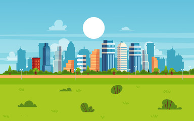 Cartoon city landscape on summer day - modern flat cityscape banner © sabelskaya