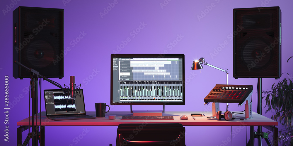 Fototapete studio computer music station set up. professional audio mixing console. 3d rendering.