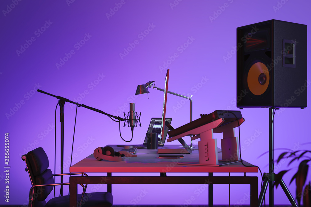 Poster studio computer music station set up. professional audio mixing console. 3d rendering.