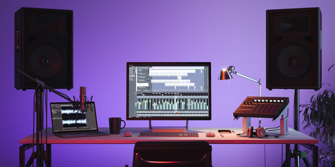 Studio Computer Music Station set up. Professional audio mixing console. 3d rendering. - obrazy, fototapety, plakaty