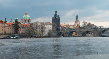 Prague, Czech Republic, Vltava river and Charles bridge