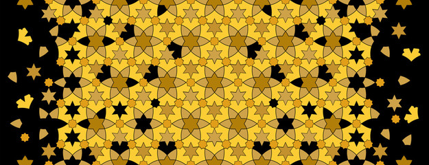 Vector  black and  golden  premium arabesque background,. Geometric halftone texture with color tile disintegration